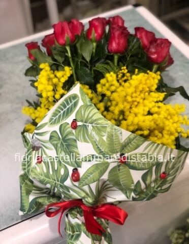 11 rose rosse con mimosa