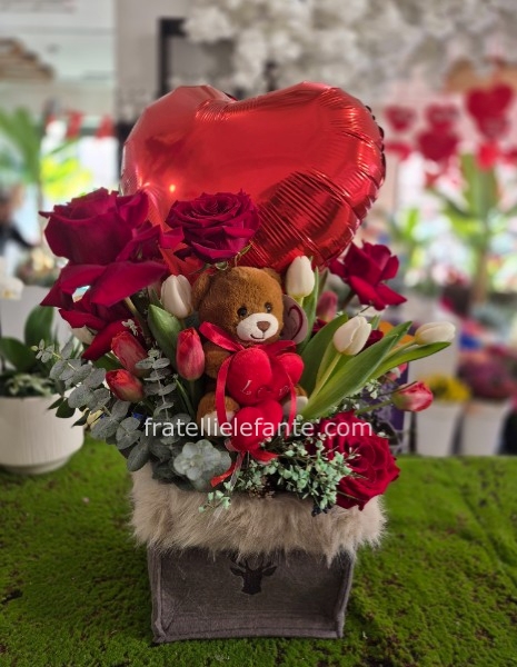 Bags grande rose rosse , fiori mix orsetto e cuore