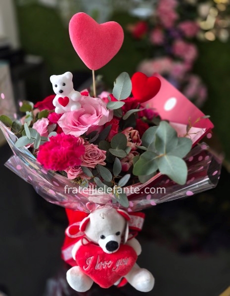 Bouquet love rose rosse - rosa + mix fiori con Riserva d'acqua