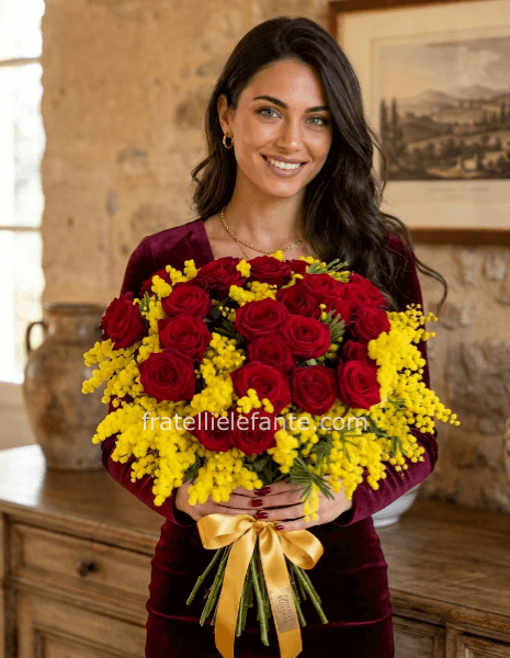 51 rose rosse e mimosa in promo 139 euro anzichè 180
